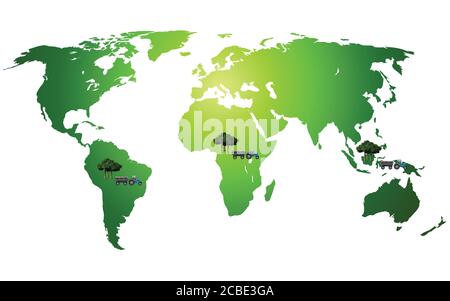 Représentation sur la carte du monde de la déforestation des forêts tropicales principalement dans les régions tropicales, y compris en Amérique du Sud, en Afrique centrale et en Indonésie Banque D'Images