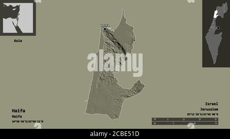 Forme d'Haïfa, district d'Israël, et sa capitale. Echelle de distance, aperçus et étiquettes. Carte d'altitude en couleur. Rendu 3D Banque D'Images