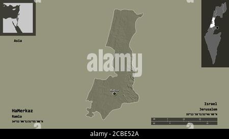 Forme de HaMerkaz, district d'Israël, et sa capitale. Echelle de distance, aperçus et étiquettes. Carte d'altitude en couleur. Rendu 3D Banque D'Images
