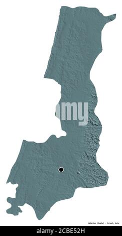 Forme de HaMerkaz, district d'Israël, avec sa capitale isolée sur fond blanc. Carte d'altitude en couleur. Rendu 3D Banque D'Images