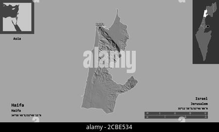 Forme d'Haïfa, district d'Israël, et sa capitale. Echelle de distance, aperçus et étiquettes. Carte d'élévation à deux niveaux. Rendu 3D Banque D'Images