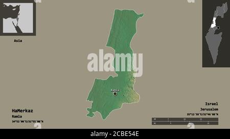 Forme de HaMerkaz, district d'Israël, et sa capitale. Echelle de distance, aperçus et étiquettes. Carte topographique de relief. Rendu 3D Banque D'Images
