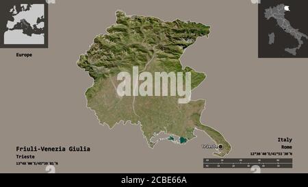 Forme du Frioul-Vénétie Julienne, région autonome d'Italie, et sa capitale. Echelle de distance, aperçus et étiquettes. Imagerie satellite. Rendu 3D Banque D'Images