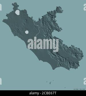 Forme du Latium, région de l'Italie, avec sa capitale isolée sur un fond de couleur unie. Carte d'altitude en couleur. Rendu 3D Banque D'Images