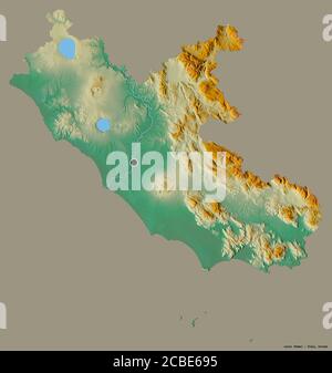 Forme du Latium, région de l'Italie, avec sa capitale isolée sur un fond de couleur unie. Carte topographique de relief. Rendu 3D Banque D'Images