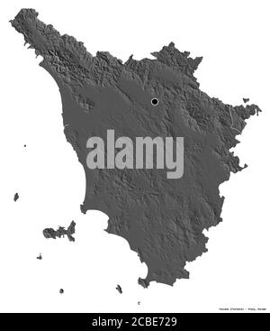 Forme de Toscane, région italienne, avec sa capitale isolée sur fond blanc. Carte d'élévation à deux niveaux. Rendu 3D Banque D'Images