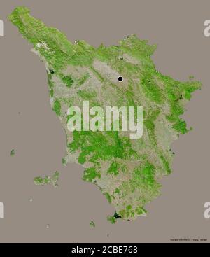 Forme de Toscana, région italienne, avec sa capitale isolée sur un fond de couleur unie. Imagerie satellite. Rendu 3D Banque D'Images