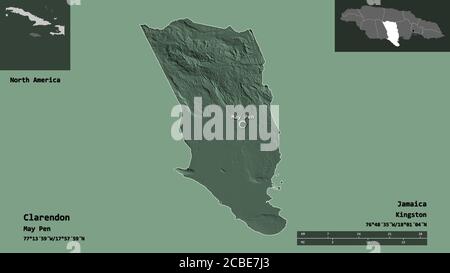 Forme de Clarendon, paroisse de la Jamaïque, et sa capitale. Echelle de distance, aperçus et étiquettes. Carte d'altitude en couleur. Rendu 3D Banque D'Images