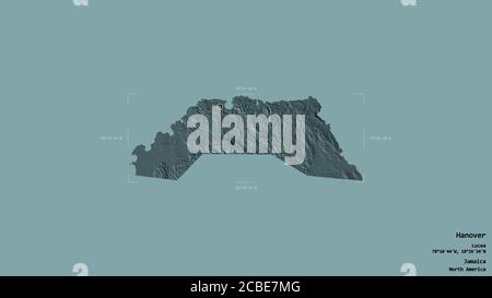 Région de Hanovre, paroisse de la Jamaïque, isolée sur fond solide dans une boîte englobante géoréférencée. Étiquettes. Carte d'altitude en couleur. Rendu 3D Banque D'Images