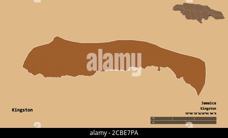 Forme de Kingston, paroisse de la Jamaïque, avec sa capitale isolée sur fond solide. Échelle de distance, aperçu de la région et libellés. Composition du motif Banque D'Images