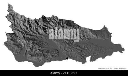 Forme de Saint Thomas, paroisse de la Jamaïque, avec sa capitale isolée sur fond blanc. Carte d'élévation à deux niveaux. Rendu 3D Banque D'Images