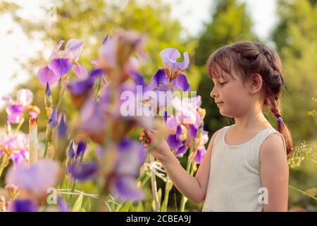 Petite fille dans le jardin avec des iris bleus. Soirée d'été dans le jardin. Banque D'Images