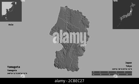 Forme de Yamagata, préfecture du Japon, et de sa capitale. Echelle de distance, aperçus et étiquettes. Carte d'élévation à deux niveaux. Rendu 3D Banque D'Images