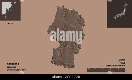 Forme de Yamagata, préfecture du Japon, et de sa capitale. Echelle de distance, aperçus et étiquettes. Carte d'altitude en couleur. Rendu 3D Banque D'Images