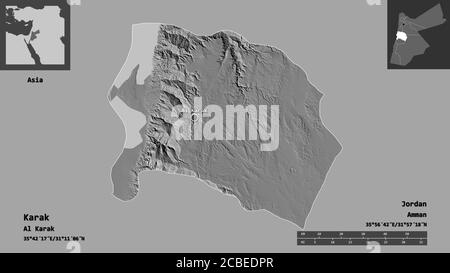 Forme de Karak, province de Jordanie, et sa capitale. Echelle de distance, aperçus et étiquettes. Carte d'élévation à deux niveaux. Rendu 3D Banque D'Images