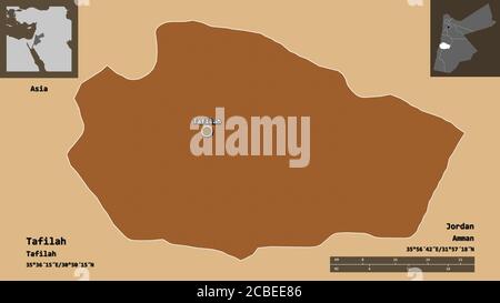Forme de Tafila, province de Jordanie, et sa capitale. Echelle de distance, aperçus et étiquettes. Composition des textures répétées. Rendu 3D Banque D'Images
