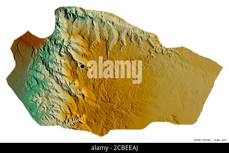 Forme de Tafilah, province de Jordanie, avec sa capitale isolée sur fond blanc. Carte topographique de relief. Rendu 3D Banque D'Images