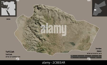 Forme de Tafila, province de Jordanie, et sa capitale. Echelle de distance, aperçus et étiquettes. Imagerie satellite. Rendu 3D Banque D'Images