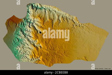 Forme de Tafilah, province de Jordanie, avec sa capitale isolée sur un fond de couleur unie. Carte topographique de relief. Rendu 3D Banque D'Images