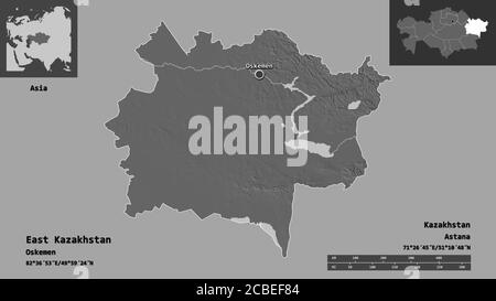 Forme du Kazakhstan oriental, région du Kazakhstan, et sa capitale. Echelle de distance, aperçus et étiquettes. Carte d'élévation à deux niveaux. Rendu 3D Banque D'Images