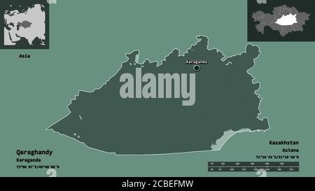 Forme de QaragHandy, région du Kazakhstan, et sa capitale. Echelle de distance, aperçus et étiquettes. Carte d'altitude en couleur. Rendu 3D Banque D'Images