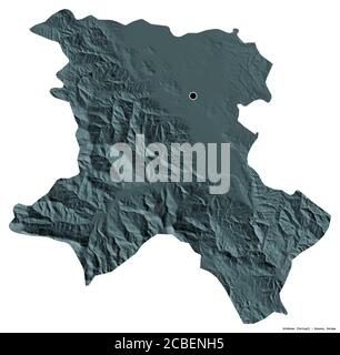 Forme d'Uroševac, district du Kosovo, avec sa capitale isolée sur fond blanc. Carte d'altitude en couleur. Rendu 3D Banque D'Images