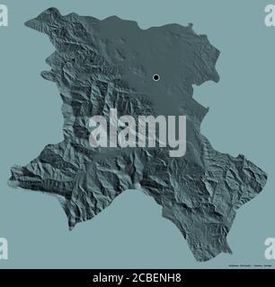 Forme d'Uroševac, district du Kosovo, avec sa capitale isolée sur un fond de couleur unie. Carte d'altitude en couleur. Rendu 3D Banque D'Images