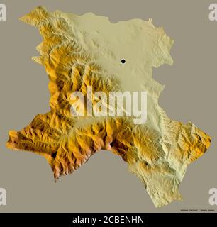 Forme d'Uroševac, district du Kosovo, avec sa capitale isolée sur un fond de couleur unie. Carte topographique de relief. Rendu 3D Banque D'Images