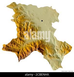 Forme d'Uroševac, district du Kosovo, avec sa capitale isolée sur fond blanc. Carte topographique de relief. Rendu 3D Banque D'Images