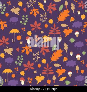 Motif d'automne. Motif sans couture. Feuilles d'automne brillantes, branches, baies et champignons, nuages sur fond violet. Pour la décoration d'automne et Illustration de Vecteur