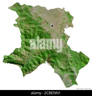 Forme d'Uroševac, district du Kosovo, avec sa capitale isolée sur fond blanc. Imagerie satellite. Rendu 3D Banque D'Images