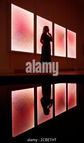 Un visiteur se reflète dans une œuvre d'art alors qu'elle se trouve devant un travail différent intitulé « murmures #23: 10,000 selfies (avec un mur rose à Los Angeles) » par l'artiste Stephanie Potter Corwin, qui fait partie de l'exposition du prix d'art Esthetica sur le spectacle à la York Art Gallery dans le Yorkshire. Banque D'Images
