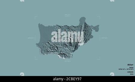 Région d'Akkar, gouvernorat libanais, isolée sur fond solide dans une boîte englobante géoréférencée. Étiquettes. Carte d'altitude en couleur. Rendu 3D Banque D'Images