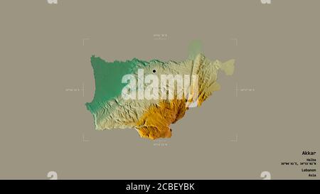 Région d'Akkar, gouvernorat libanais, isolée sur fond solide dans une boîte englobante géoréférencée. Étiquettes. Carte topographique de relief. Rendu 3D Banque D'Images