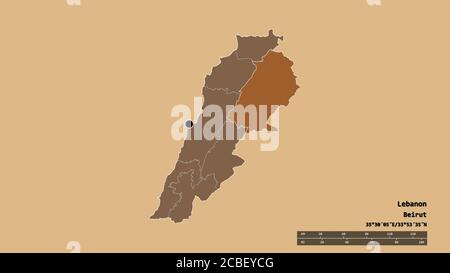 Forme désaturée du Liban avec sa capitale, sa principale division régionale et la région séparée de Baalbak-Hermel. Étiquettes. Composition des textures répétées Banque D'Images