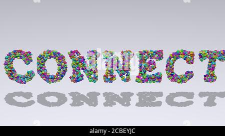 Écriture 3D colorée du texte de connexion avec de petits objets un arrière-plan blanc et une ombre assortie pour l'illustration et le concept Banque D'Images
