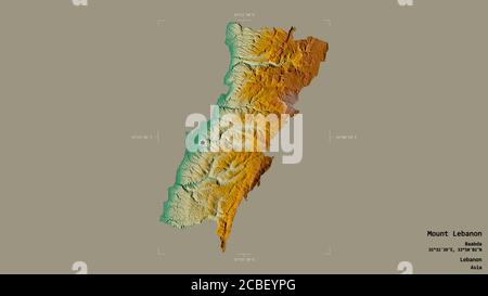 Zone du Mont-Liban, gouvernorat du Liban, isolée sur un fond solide dans une boîte englobante géoréférencée. Étiquettes. Carte topographique de relief. Rend 3D Banque D'Images