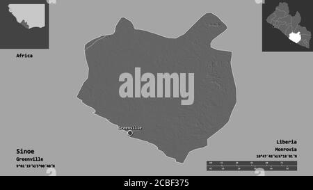 Forme de Sinoe, comté du Libéria, et sa capitale. Echelle de distance, aperçus et étiquettes. Carte d'élévation à deux niveaux. Rendu 3D Banque D'Images