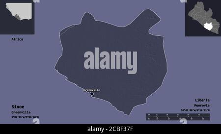 Forme de Sinoe, comté du Libéria, et sa capitale. Echelle de distance, aperçus et étiquettes. Carte d'altitude en couleur. Rendu 3D Banque D'Images