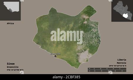 Forme de Sinoe, comté du Libéria, et sa capitale. Echelle de distance, aperçus et étiquettes. Imagerie satellite. Rendu 3D Banque D'Images