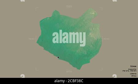 Région de Sinoe, comté du Libéria, isolée sur un fond solide dans une boîte englobante géoréférencée. Étiquettes. Carte topographique de relief. Rendu 3D Banque D'Images