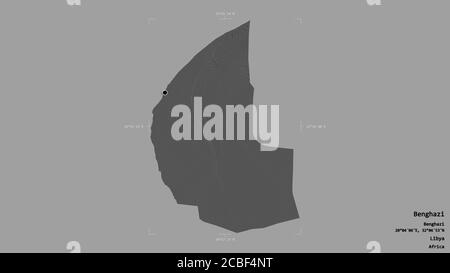 Zone de Benghazi, district de Libye, isolée sur un fond solide dans une boîte englobante géoréférencée. Étiquettes. Carte d'élévation à deux niveaux. Rendu 3D Banque D'Images