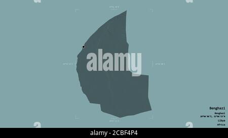 Zone de Benghazi, district de Libye, isolée sur un fond solide dans une boîte englobante géoréférencée. Étiquettes. Carte d'altitude en couleur. Rendu 3D Banque D'Images
