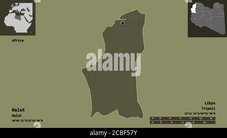 Forme de Nalut, district de Libye, et sa capitale. Echelle de distance, aperçus et étiquettes. Carte d'altitude en couleur. Rendu 3D Banque D'Images