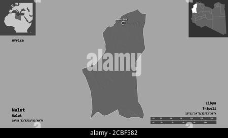 Forme de Nalut, district de Libye, et sa capitale. Echelle de distance, aperçus et étiquettes. Carte d'élévation à deux niveaux. Rendu 3D Banque D'Images