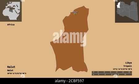 Forme de Nalut, district de Libye, et sa capitale. Echelle de distance, aperçus et étiquettes. Composition des textures répétées. Rendu 3D Banque D'Images