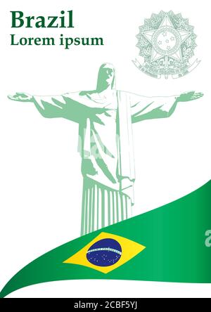 Drapeau du Brésil, République fédérative du Brésil, statue du Christ Rédempteur, Rio de Janeiro. Illustration vectorielle colorée et lumineuse Illustration de Vecteur