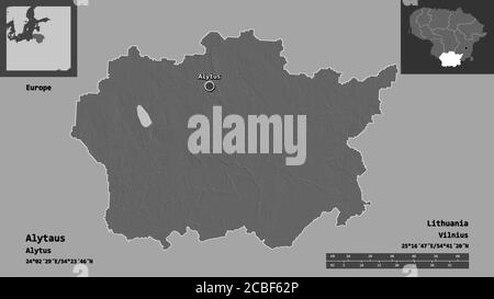 Forme d'Alytaus, comté de Lituanie, et sa capitale. Echelle de distance, aperçus et étiquettes. Carte d'élévation à deux niveaux. Rendu 3D Banque D'Images