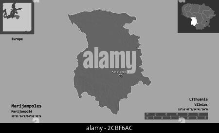 Forme de Marijampôles, comté de Lituanie, et sa capitale. Echelle de distance, aperçus et étiquettes. Carte d'élévation à deux niveaux. Rendu 3D Banque D'Images