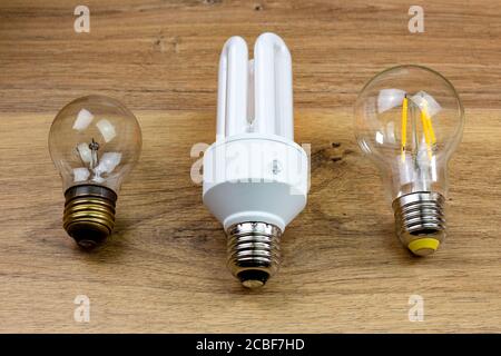 trois générations d'ampoules, incandescentes au début du xxe siècle, fluorescentes compactes à la fin du xxe siècle et ampoules led au début de la vingt et unième cen Banque D'Images